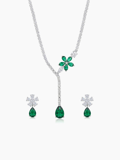 Ishita Bloom Drop Diamond Green - Silver Women's Jewelry Set Of 2 - Necklace & Earrings