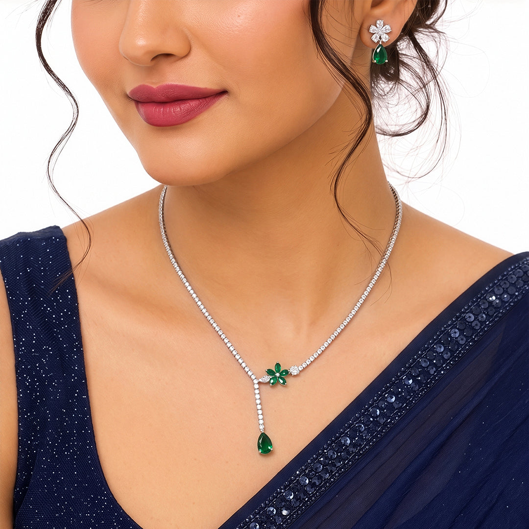 Ishita Bloom Drop Diamond Green - Silver Women's Jewelry Set Of 2 - Necklace & Earrings