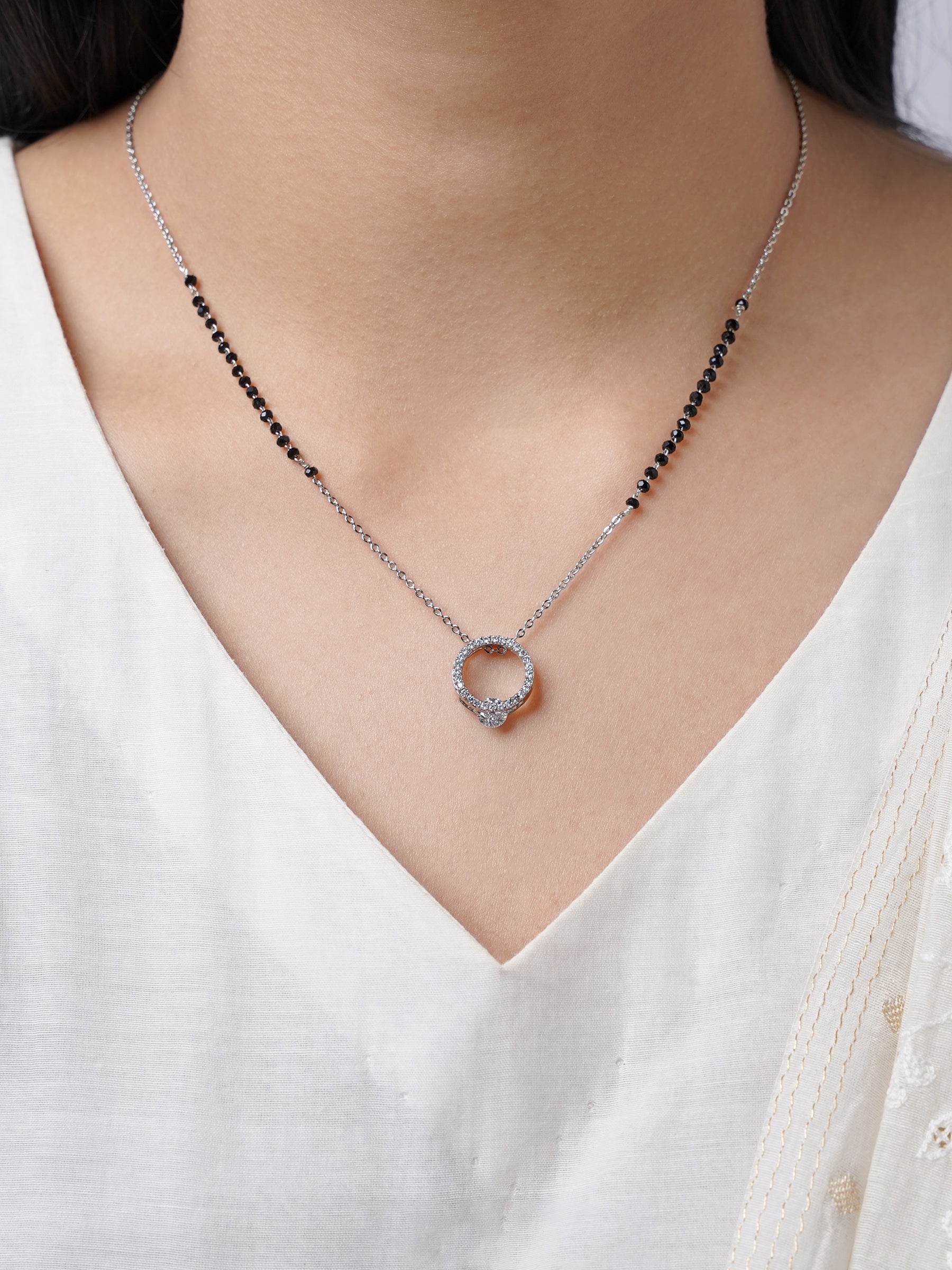 Jiya Circular Diamond Studded Silver Mangalsutra