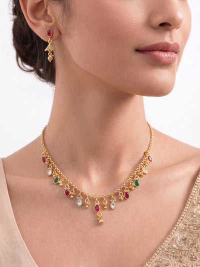 Kalyani Multicolour Diamond Bead Charm Gold Women's Jewelry Set Of 2 - Necklace & Earrings
