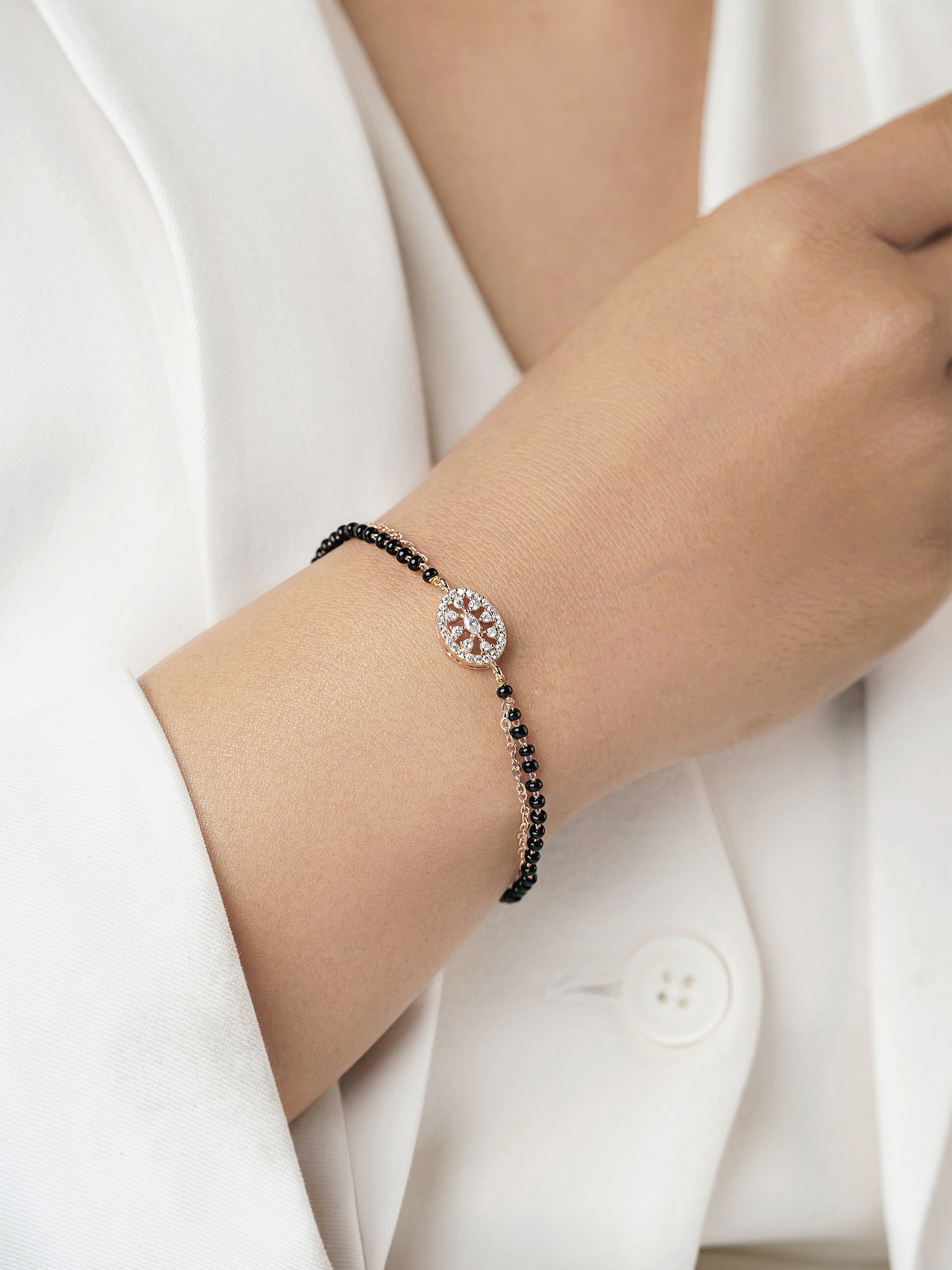 Kasak Shimmering White Marquise Stones Rosegold Plated Mangalsutra Bracelet