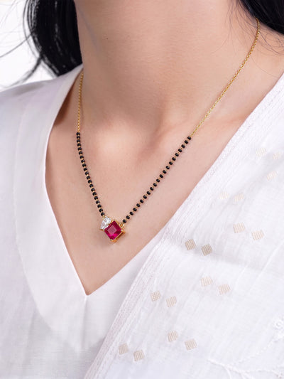 Kruti Pink Ruby Stone Pear Diamond 18K Gold Plated  Women's Chain Pendant Mangalsutra Necklace
