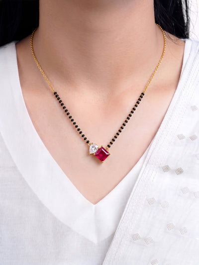 Kruti Pink Ruby Stone Pear Diamond 18K Gold Plated  Women's Chain Pendant Mangalsutra Necklace