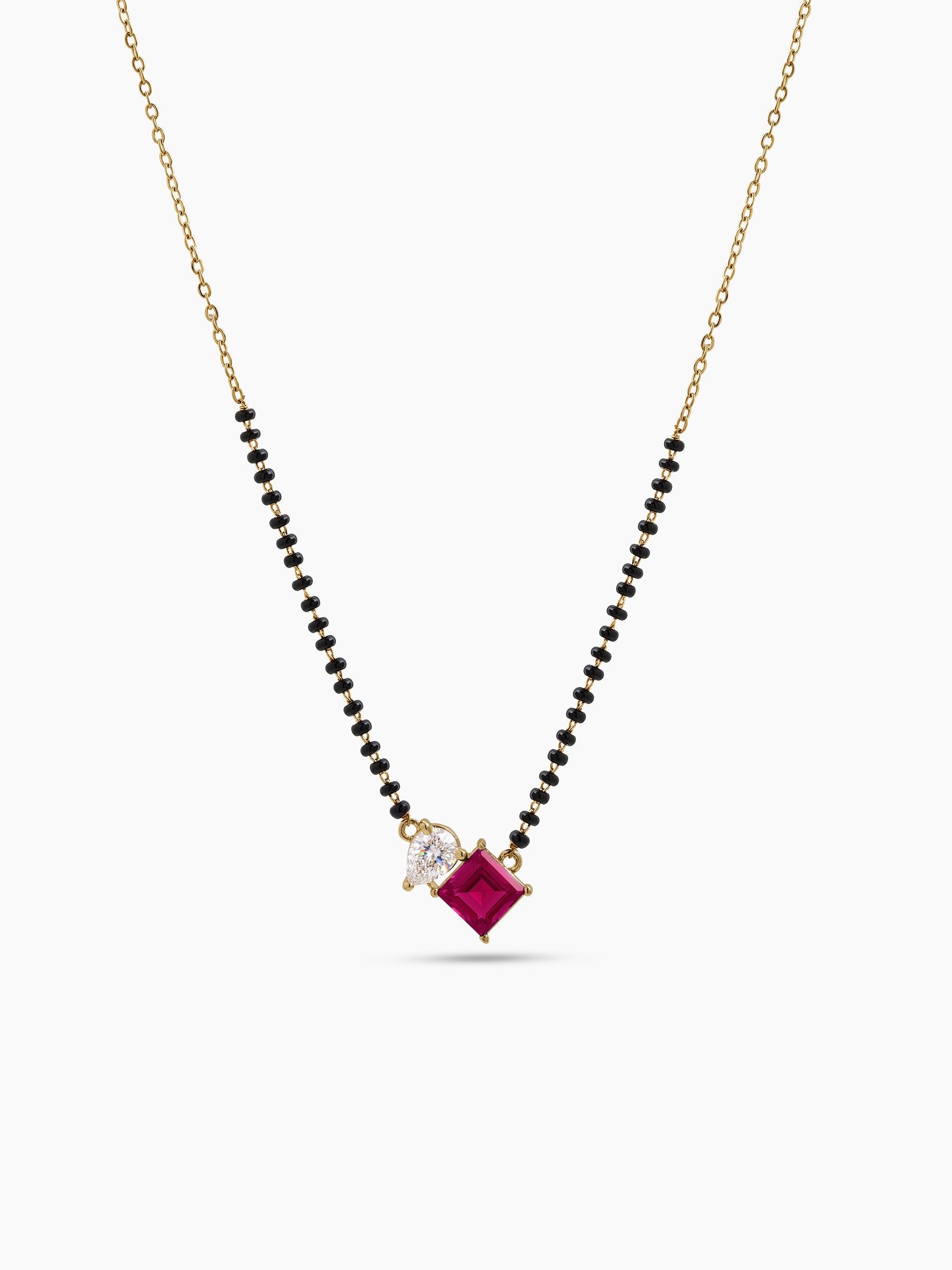 Kruti Pink Ruby Stone Pear Diamond 18K Gold Plated  Women's Chain Pendant Mangalsutra Necklace
