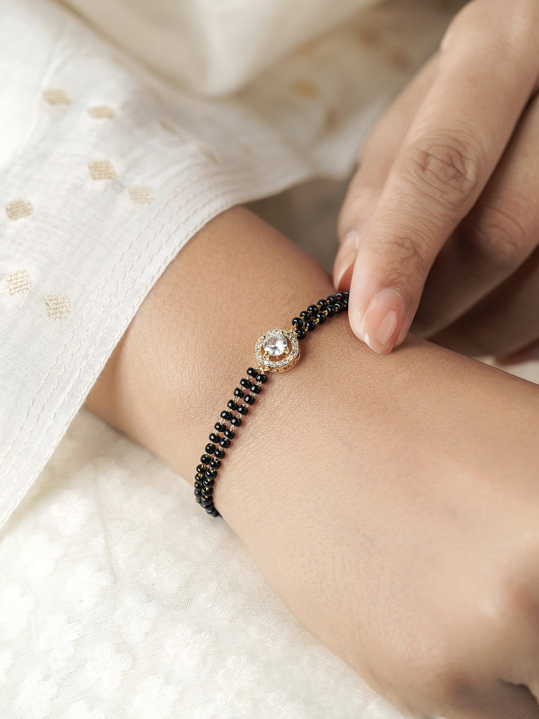 Lisa Diamond Solitaire 18K Gold Beaded Layered Plated Mangalsutra Bracelet
