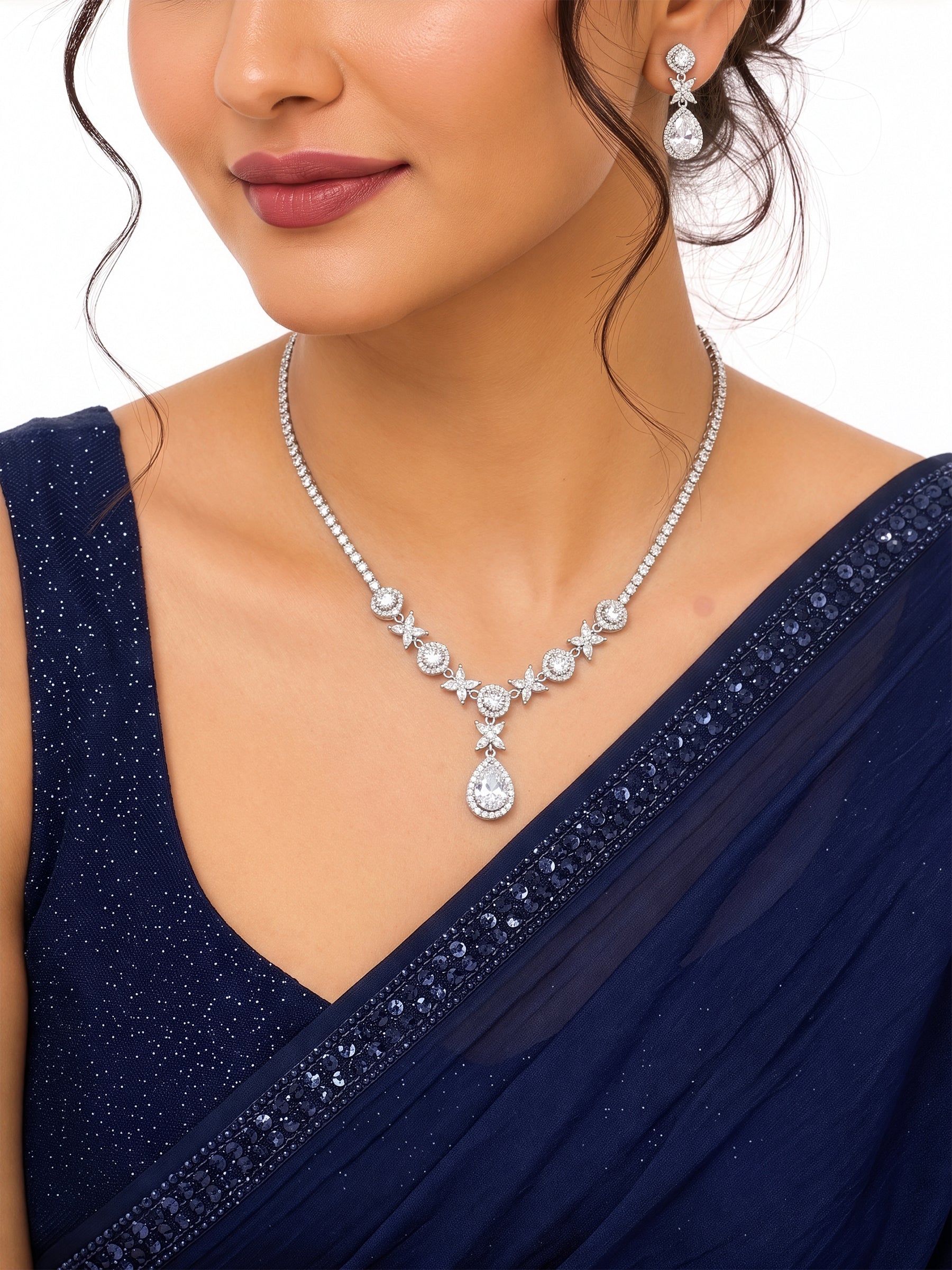 Maina Pear Diamond Solitaire Charm Silver  Women's Jewelry Set Of 2 - Necklace & Earrings