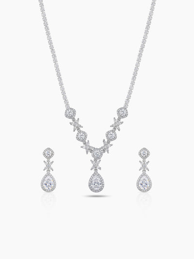 Maina Pear Diamond Solitaire Charm Silver  Women's Jewelry Set Of 2 - Necklace & Earrings