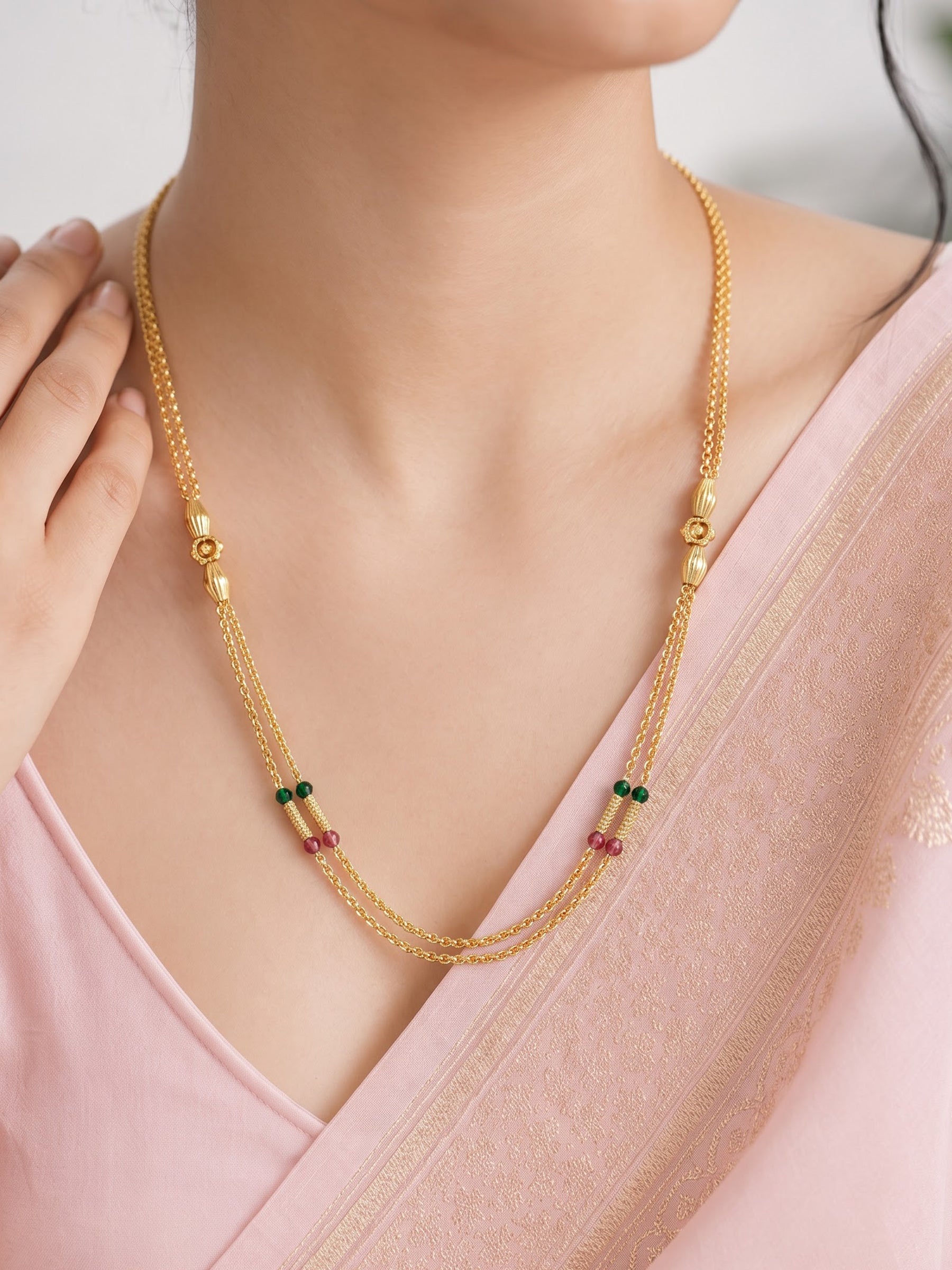 Manali Pink Green Beaded Gold Women's Chain