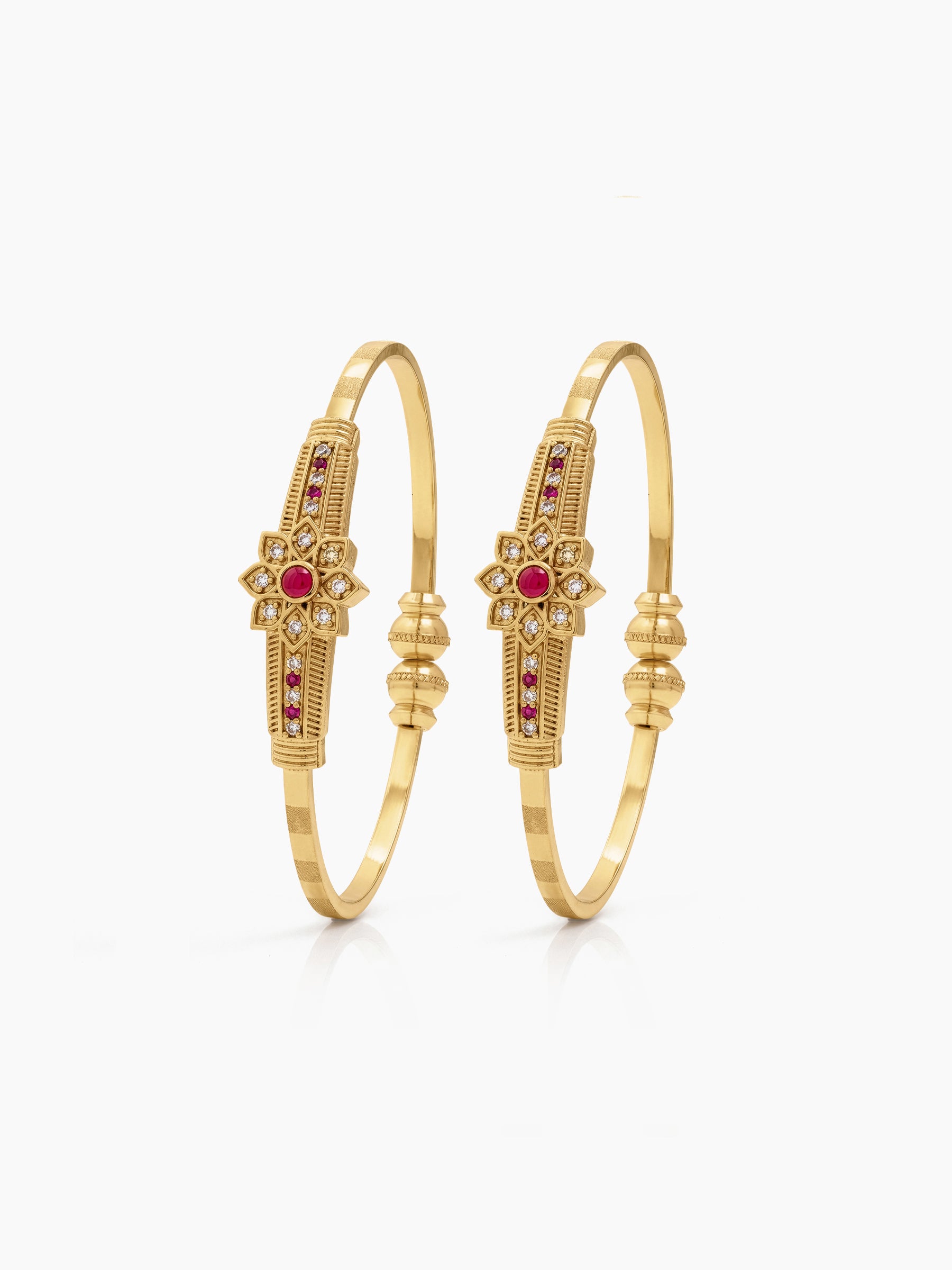 Mihika Textured Floral Bar Diamond Gold Set Of 2 Women's Cuff Bangles
