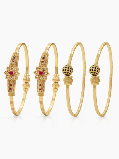 Mihika Textured Black Round, Floral Bar Diamond Gold Set Of 4 Women's 2/4, 2/6, 2/8 Cuff Bangles