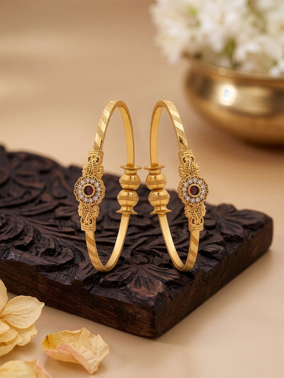 Mihira Pink Floral Diamond Halo Leaf Gold Set Of 2 Women's 2/4, 2/6, 2/8 Cuff Bangles