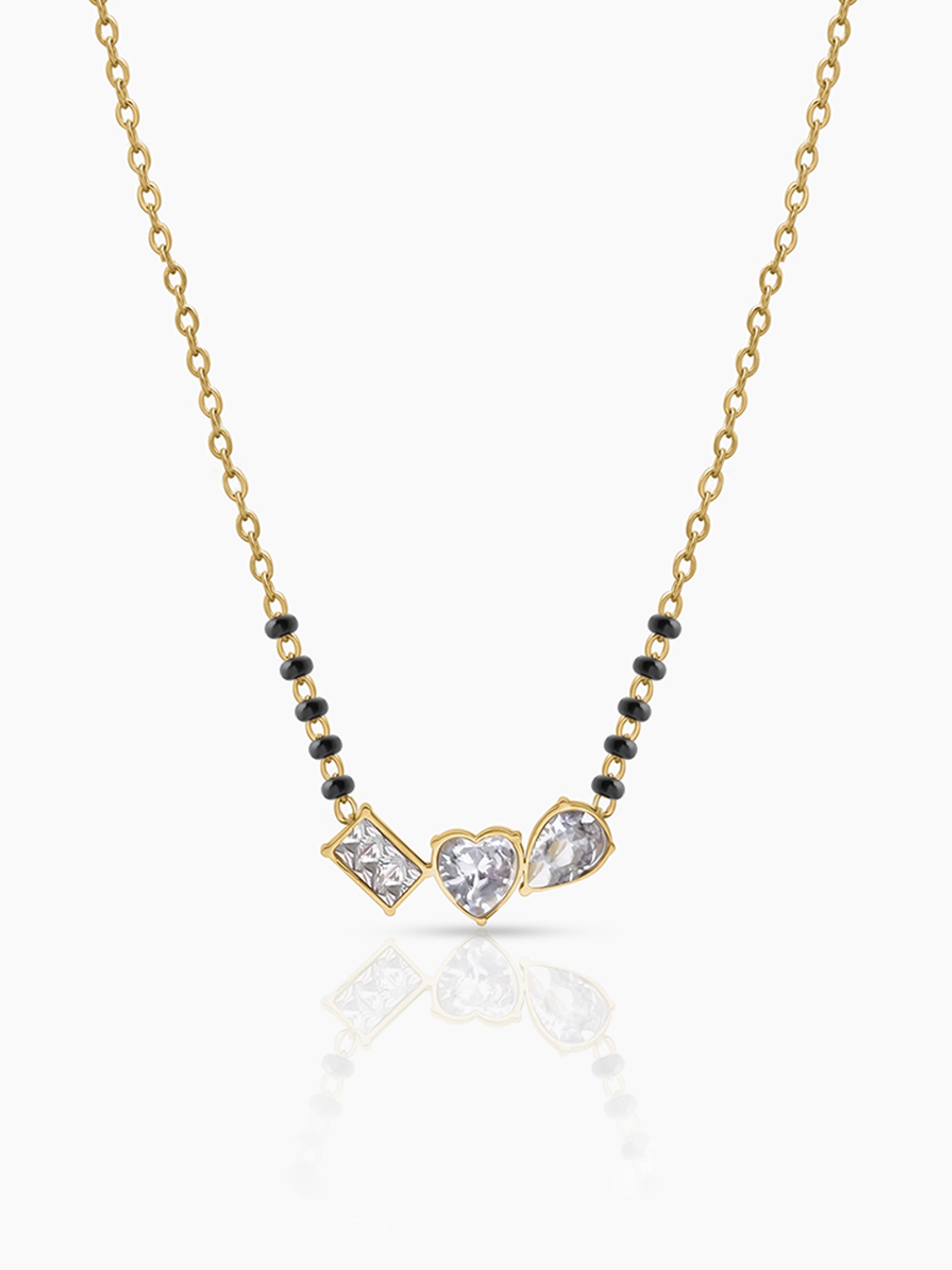 Miva Trio Diamond Solitaire CZ Stones Heart Charm Rectangular Shape Pear Shape Cluster 18K Gold Plated Mangalsutra