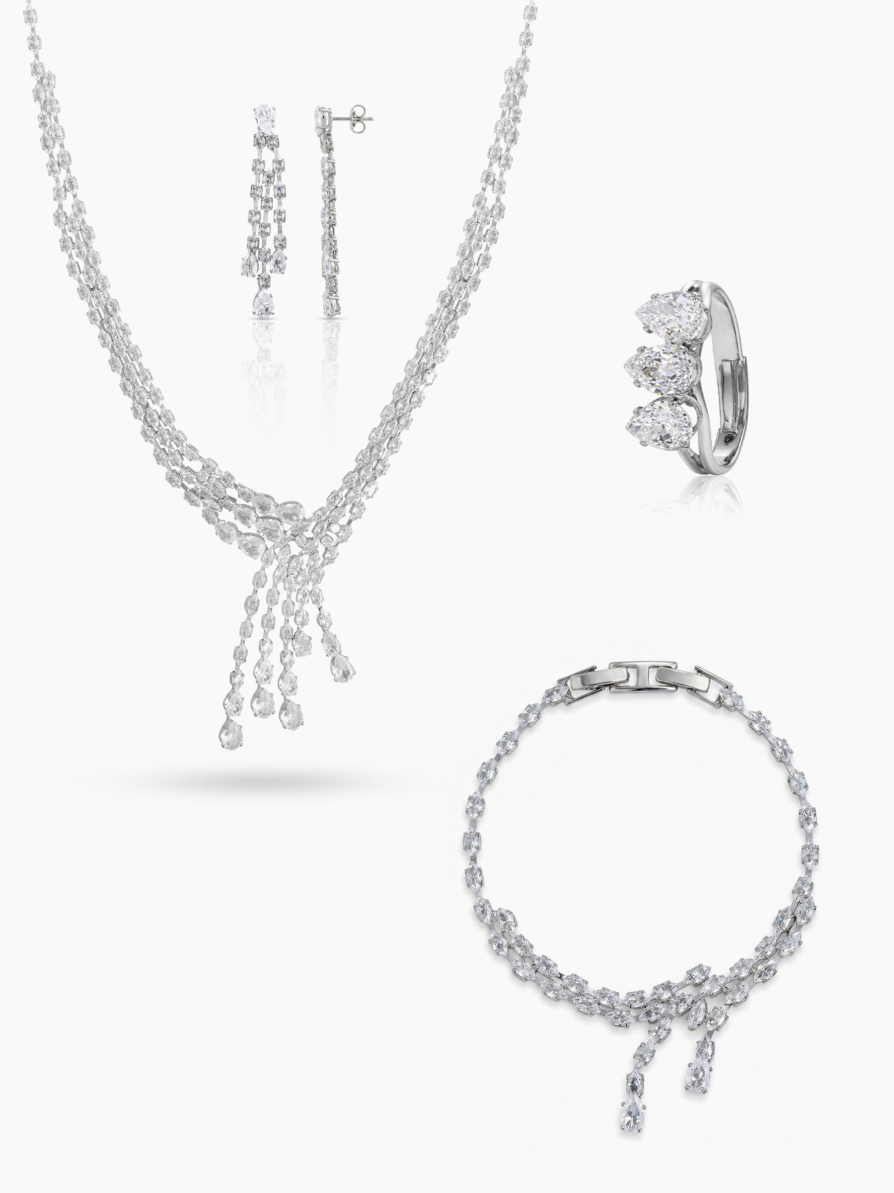 Molisha  Diamond Women's Silver Jewelry Set Of 4 - Necklace, Ring, Bracelet & Earrings 