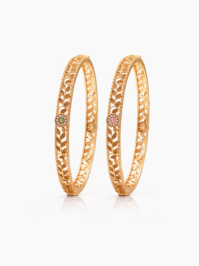 Mrinal Green Pink Diamond Texture Gold Set Of 2 Women's  2/4, 2/6, 2/8 Bangles