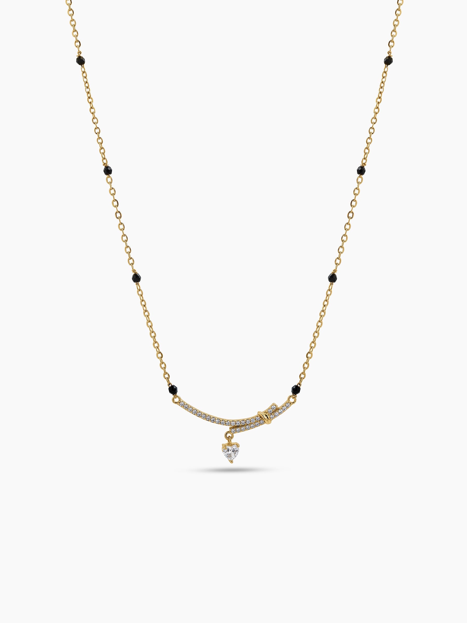 Nerika Heart Curve Diamond Solitaire Drop Bar 18K Gold Plated Women's Chain Pendant Mangalsutra Necklace