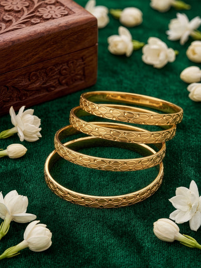 Nivika Leaf Textured Gold Set Of 4 Women's 2/4, 2/6, 2/8 Bangles