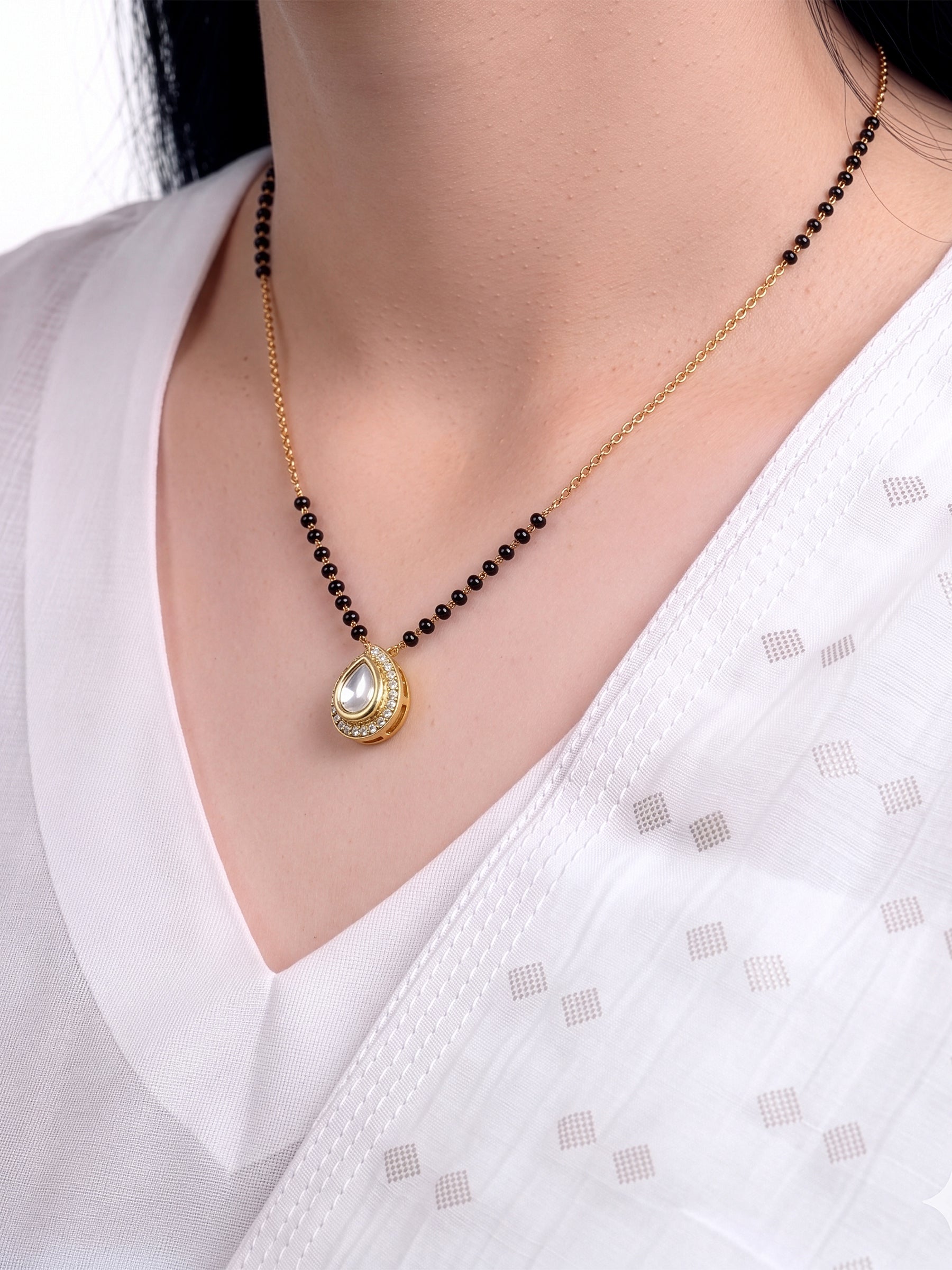 Niya Teardrop Solitaire Diamond 18K Gold Plated Women's Chain Pendant Mangalsutra Necklace