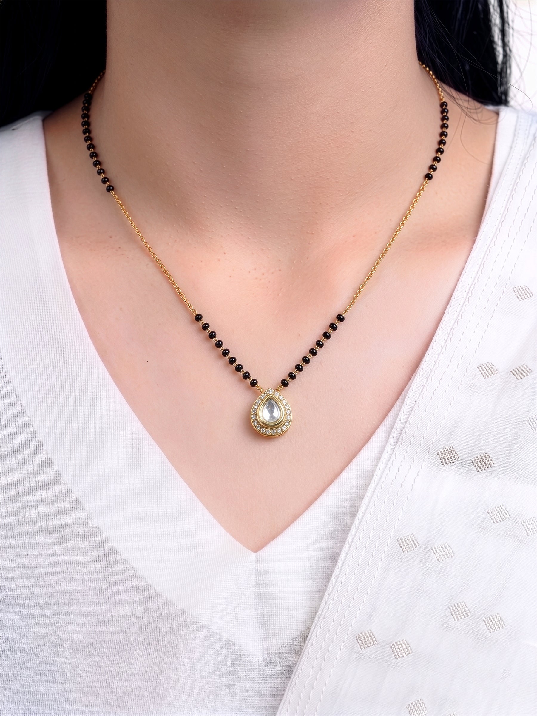 Niya Teardrop Solitaire Diamond 18K Gold Plated Women's Chain Pendant Mangalsutra Necklace