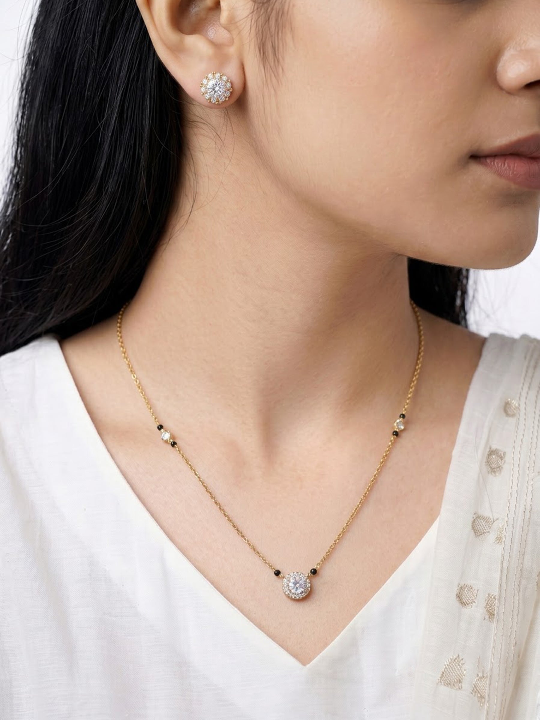 Nyra Solitaire 18K Gold Plated Mangalsutra Jewelry Set Of 2 - Necklace & Earrings