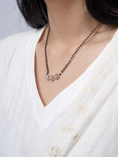 Pihu Three Round CZ Stones Layered Rosegold Plated Mangalsutra
