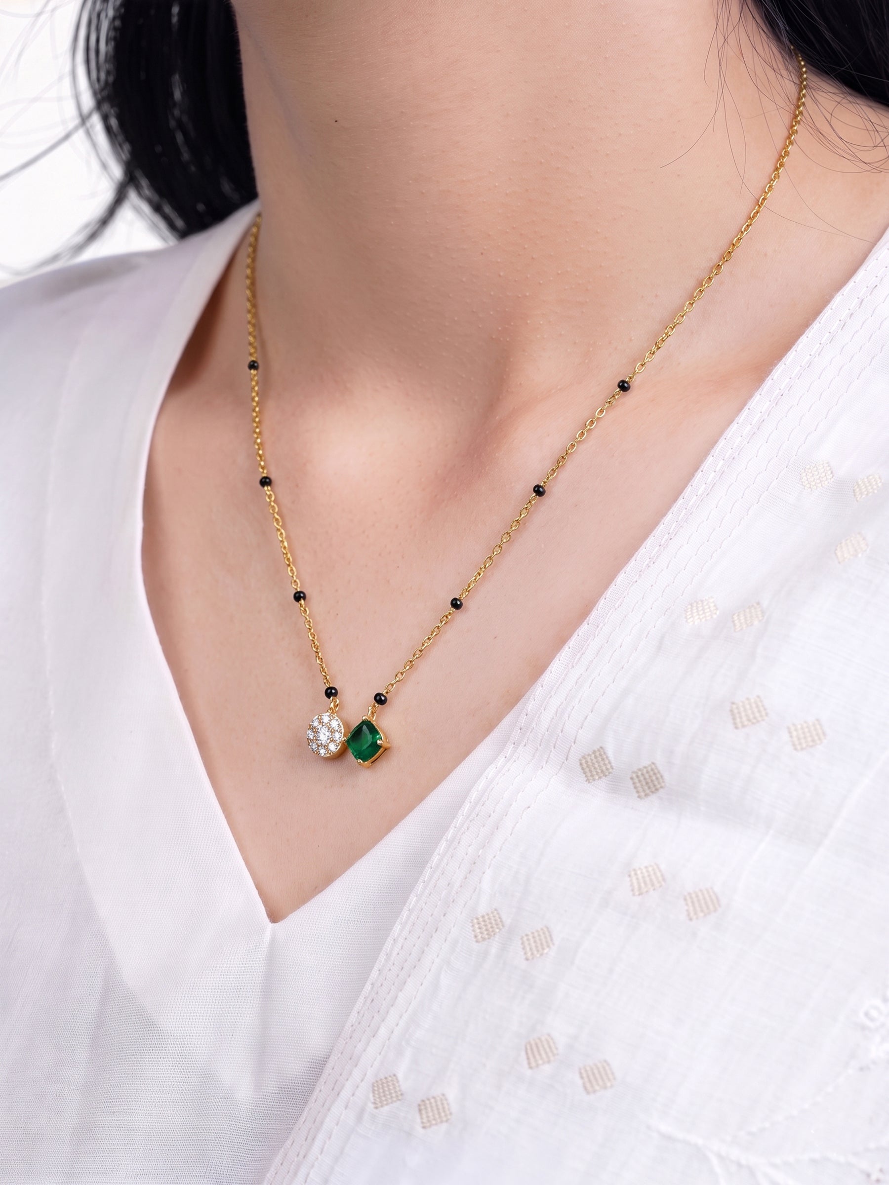 Priti Green Emerald Stone Diamond Emerald 18K Gold Plated  Women's Chain Pendant Mangalsutra Necklace
