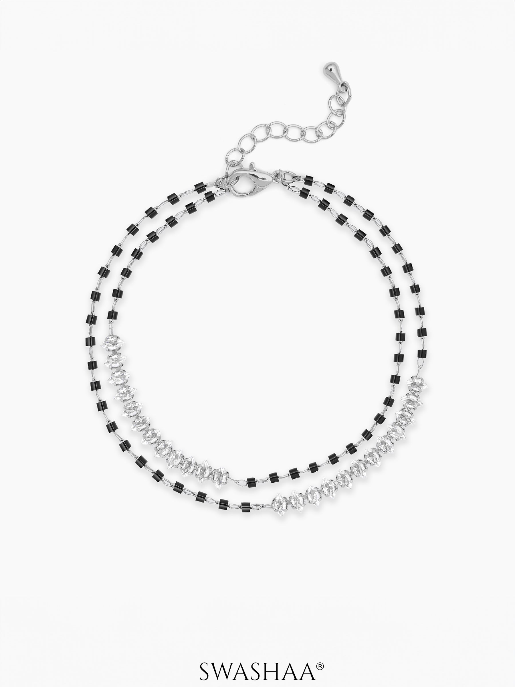 Rehaa Marquise Sparkling White Diamond Stones Double Layered Silver Mangalsutra Bracelet