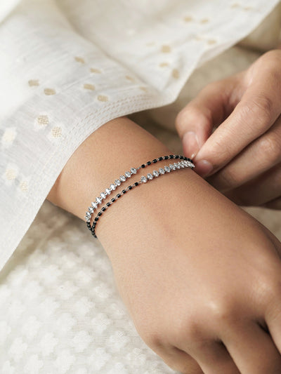 Rehaa Marquise Sparkling White Diamond Stones Double Layered Silver Mangalsutra Bracelet