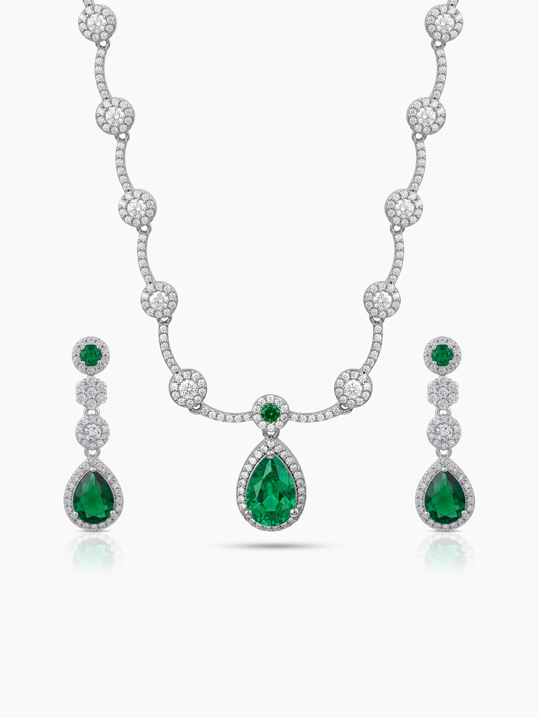 Revti Teardrop Pear Solitaire Diamond Green - Silver Women's Jewelry Set Of 2 - Necklace & Earrings