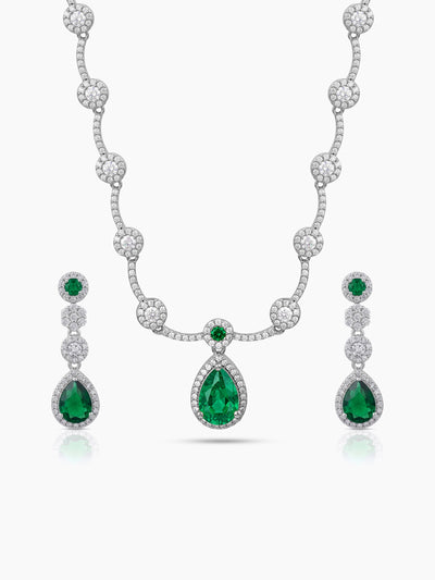 Revti Teardrop Pear Solitaire Diamond Green - Silver Women's Jewelry Set Of 2 - Necklace & Earrings