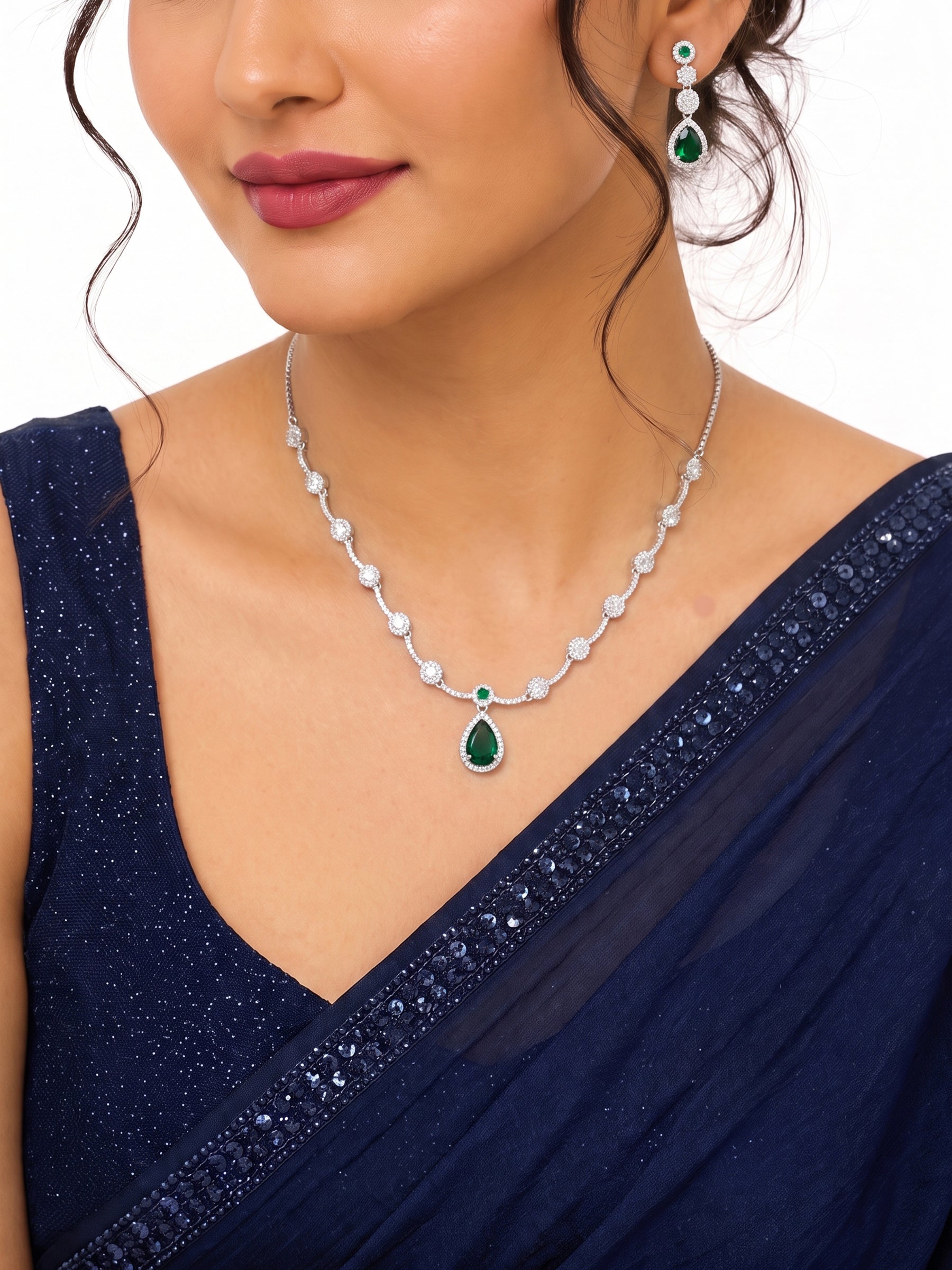 Revti Teardrop Pear Solitaire Diamond Green - Silver Women's Jewelry Set Of 2 - Necklace & Earrings