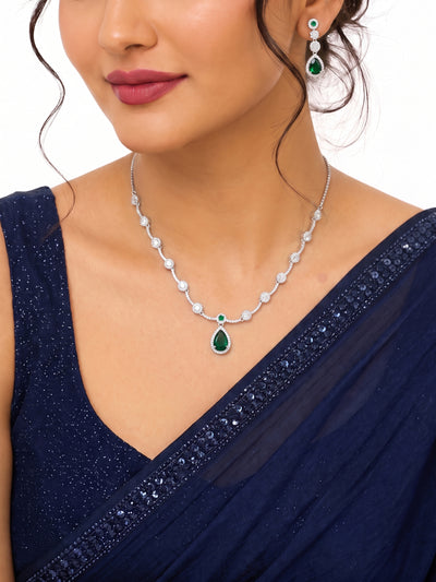 Revti Teardrop Pear Solitaire Diamond Green - Silver Women's Jewelry Set Of 2 - Necklace & Earrings