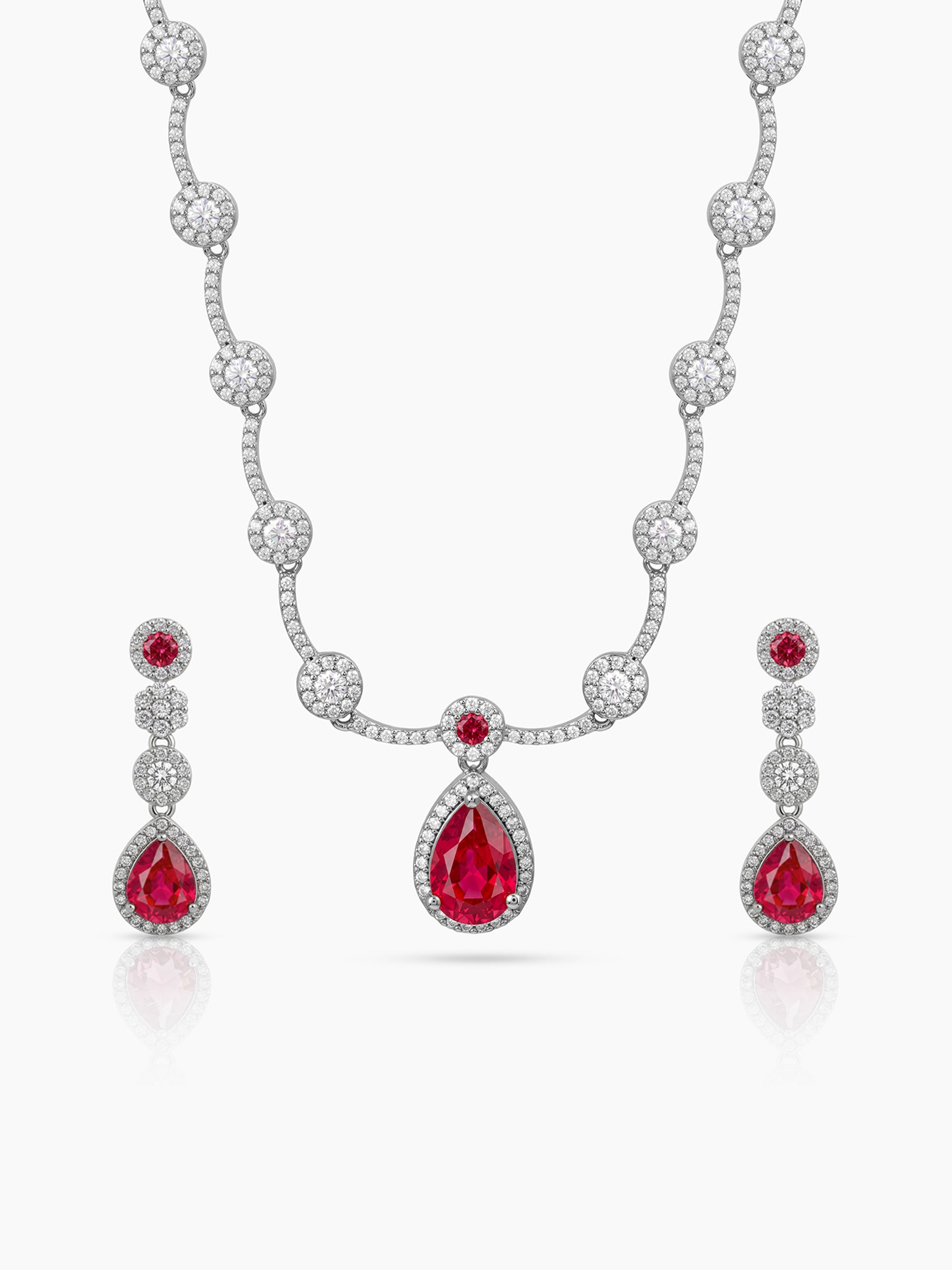 Revti Teardrop Pear Solitaire Diamond Red - Silver Women's Jewelry Set Of 2 - Necklace & Earrings