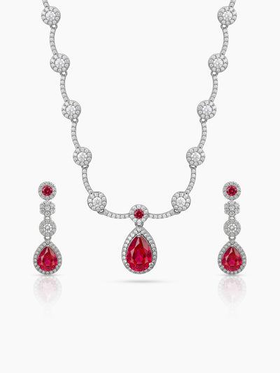 Revti Teardrop Pear Solitaire Diamond Red - Silver Women's Jewelry Set Of 2 - Necklace & Earrings