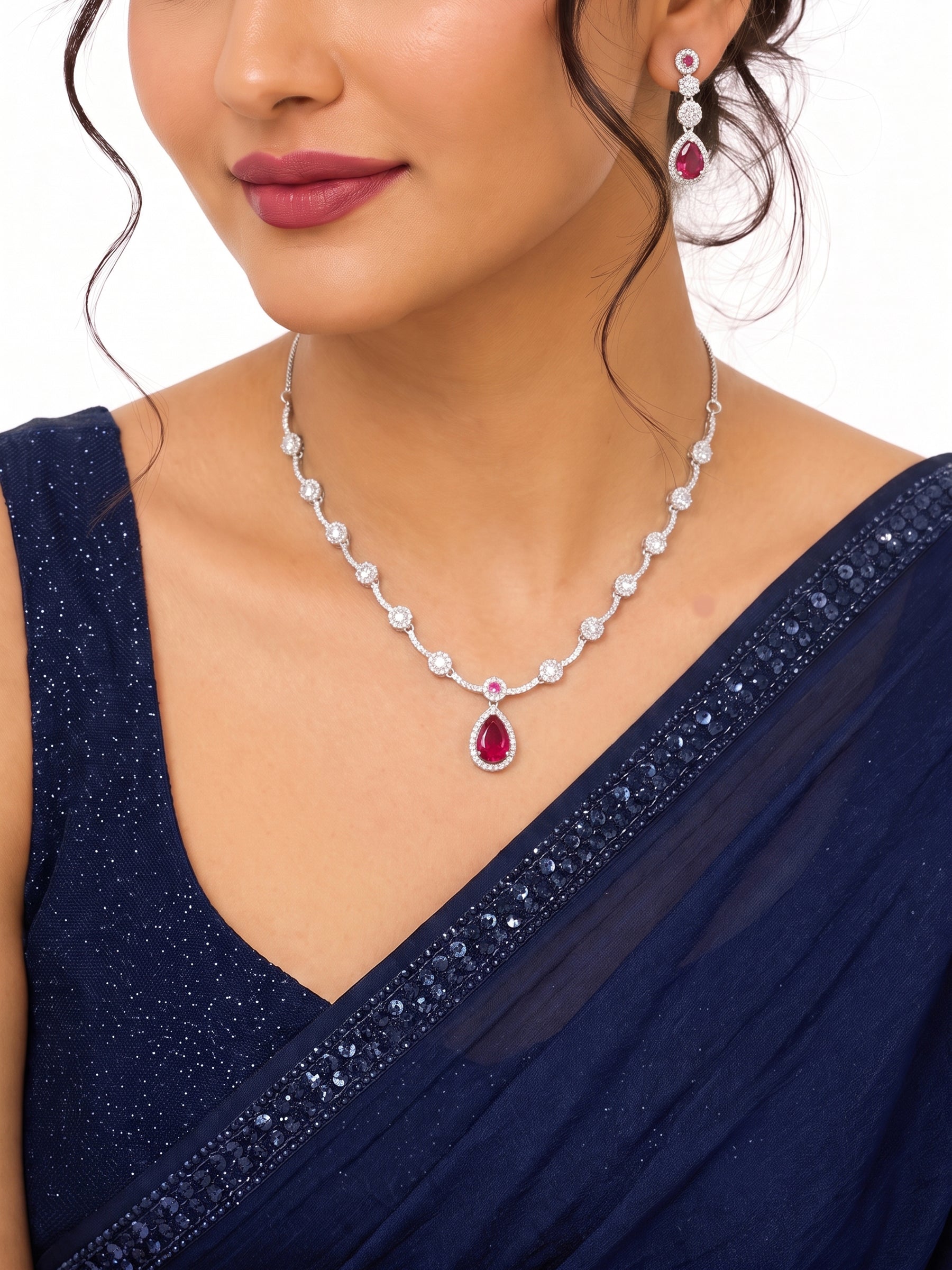 Revti Teardrop Pear Solitaire Diamond Red - Silver Women's Jewelry Set Of 2 - Necklace & Earrings
