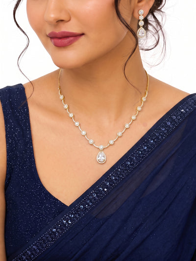 Revti Teardrop Pear Solitaire Diamond Gold Women's Jewelry Set Of 2 - Necklace & Earrings