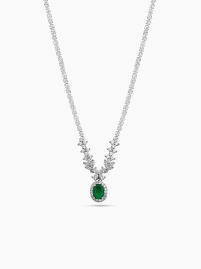 Ritika Green Emerald  Floral Silver Women's Chain Pendant Necklace 