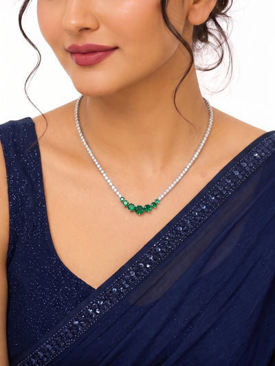 Rushika Emerald Solitaire Diamond Silver Women's Chain Pendant Necklace