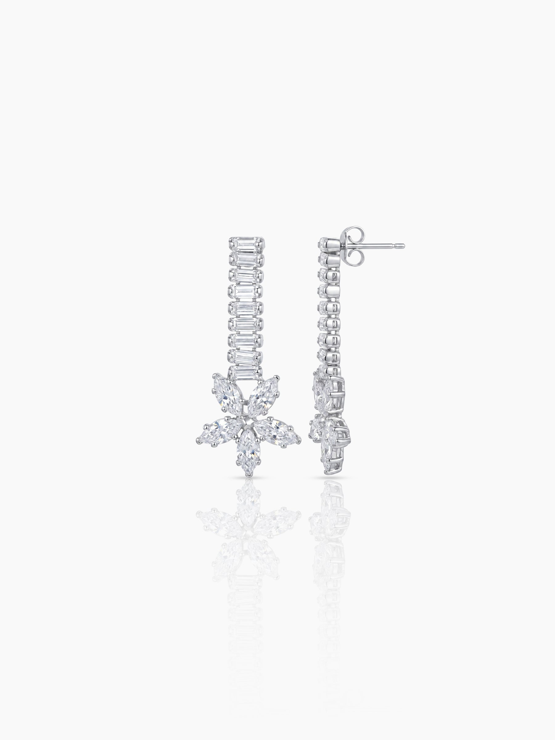 Sahira Baguette Floral Diamond Silver Women's Jewelry Set Of 4 - Necklace, Ring, Bracelet & Earrings