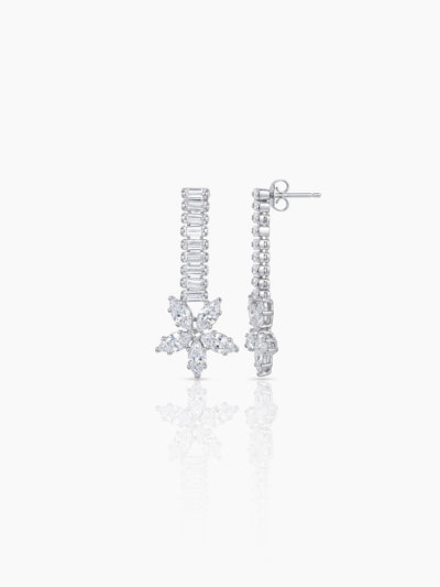Sahira Baguette Floral Diamond Silver Women's Jewelry Set Of 4 - Necklace, Ring, Bracelet & Earrings
