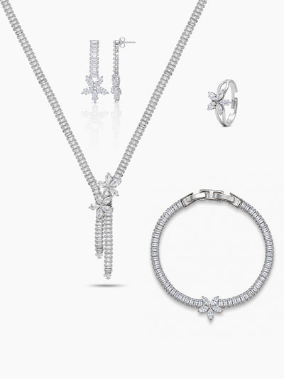 Sahira Baguette Floral Diamond Silver Women's Jewelry Set Of 4 - Necklace, Ring, Bracelet & Earrings