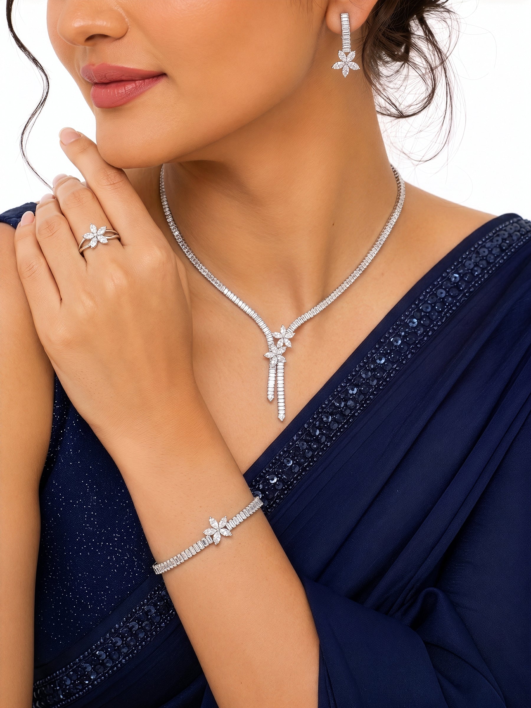 Sahira Baguette Floral Diamond Silver Women's Jewelry Set Of 4 - Necklace, Ring, Bracelet & Earrings