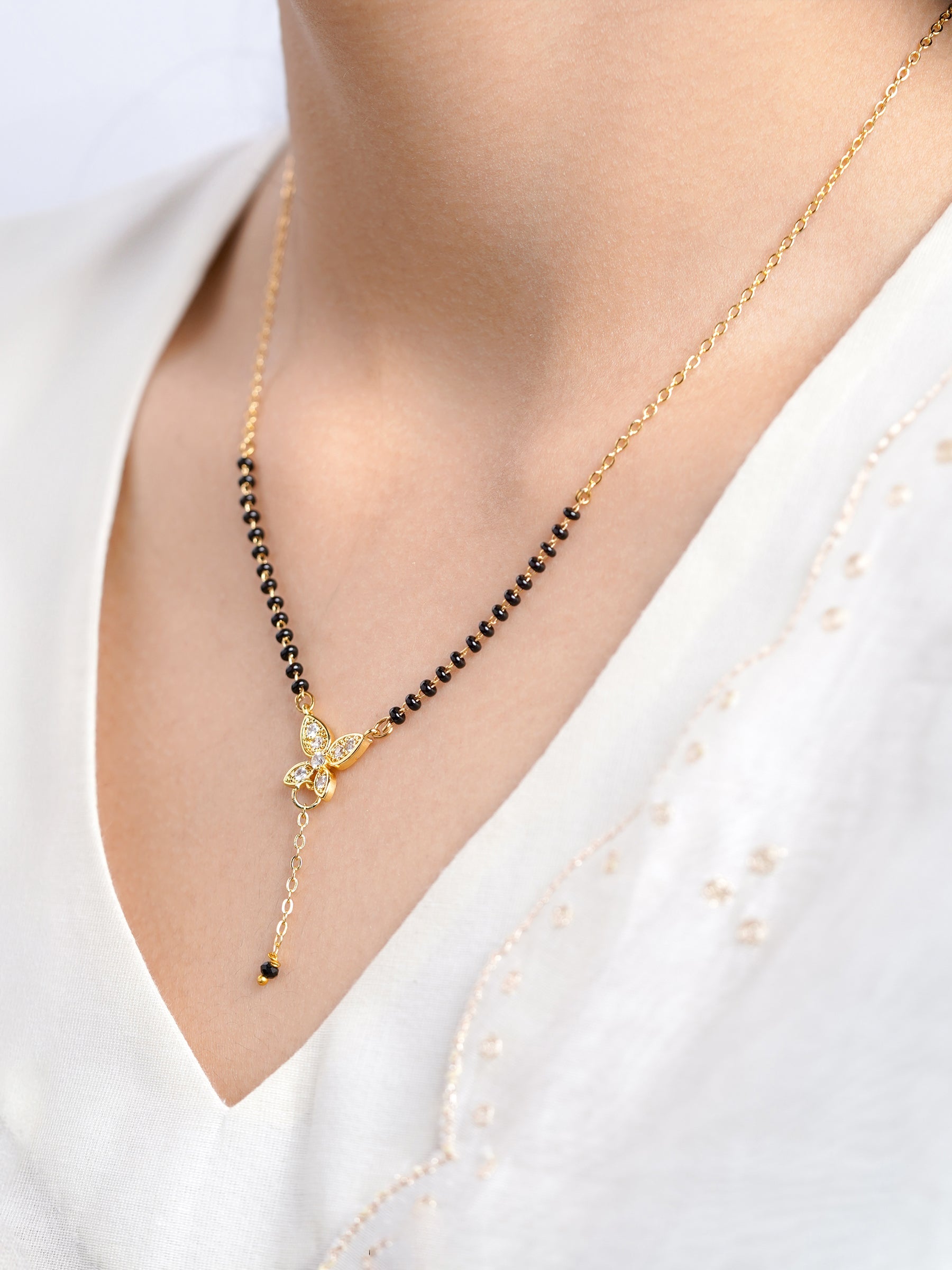 Samaira Butterfly Drop Chain Y-Shaped Diamond 18K Gold Plated Pendant Mangalsutra