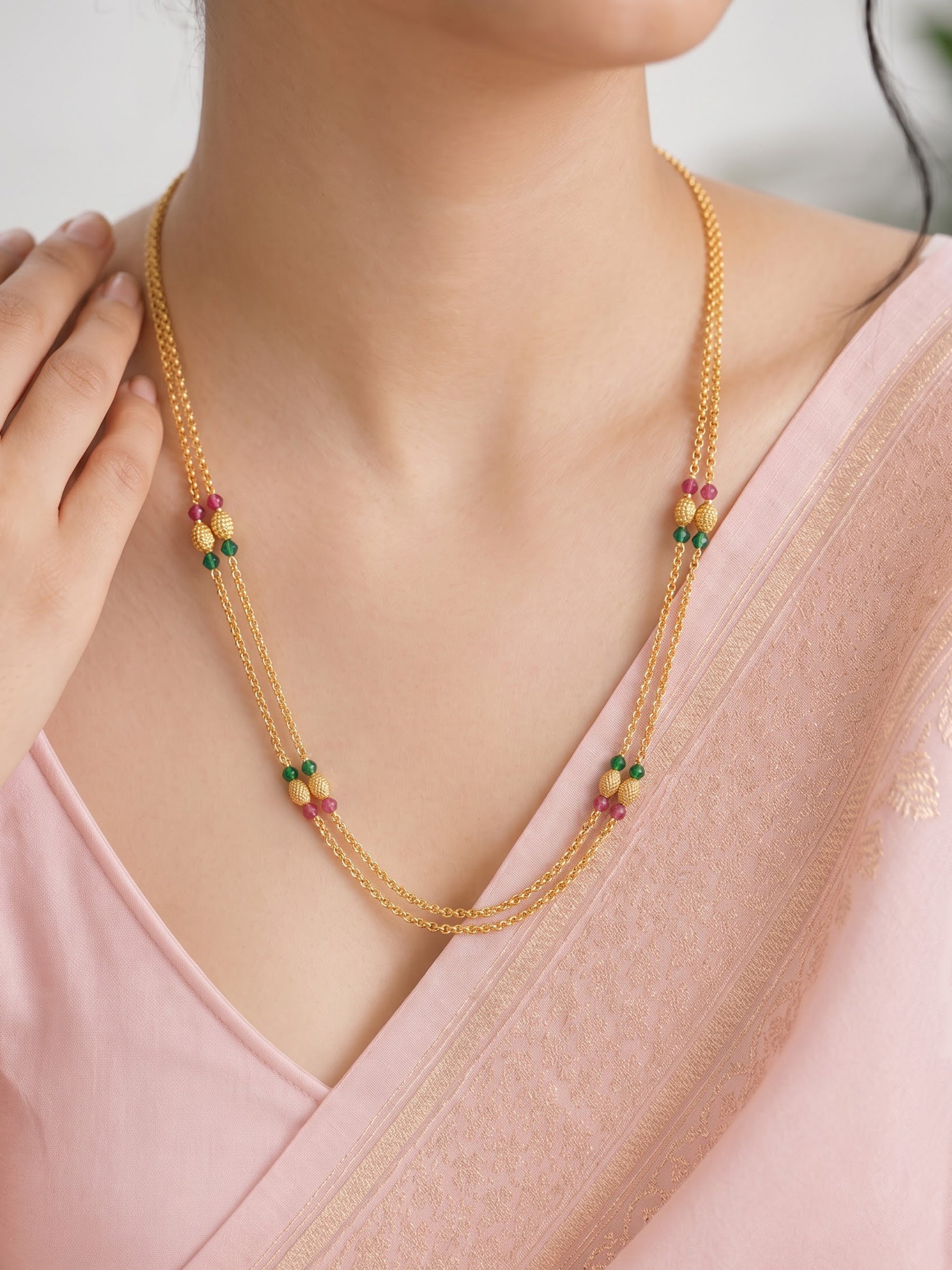Saroja Pink Green Beaded Gold Women's Chain