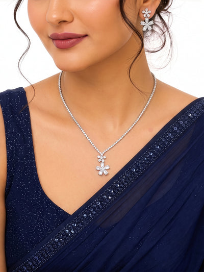 Shivani Floral Diamond Silver Women's Jewelry Set Of 2 - Necklace & Earrings
