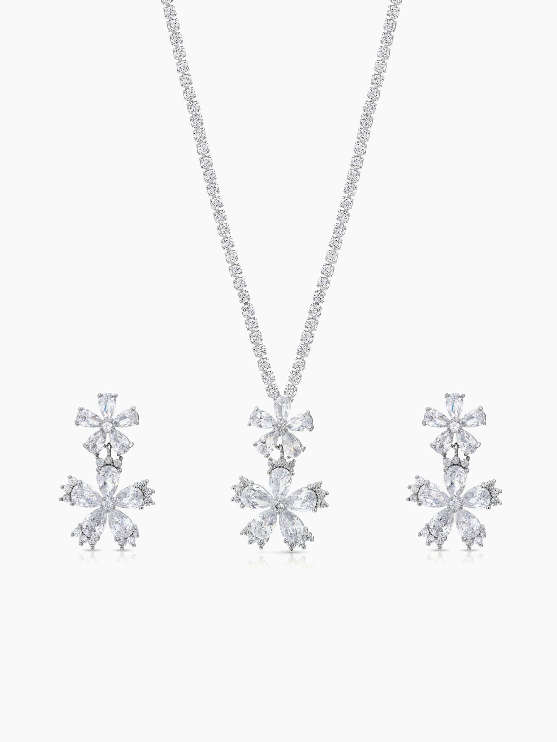 Shivani Floral Diamond Silver Women's Jewelry Set Of 2 - Necklace & Earrings