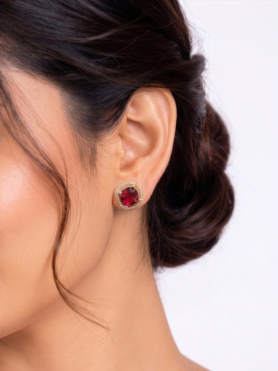 Shloka Solitaire Halo Red - Gold Women's Stud Earrings