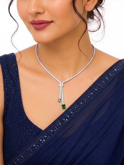 Sohini Emerald Baguette Diamond Green - Silver Necklace