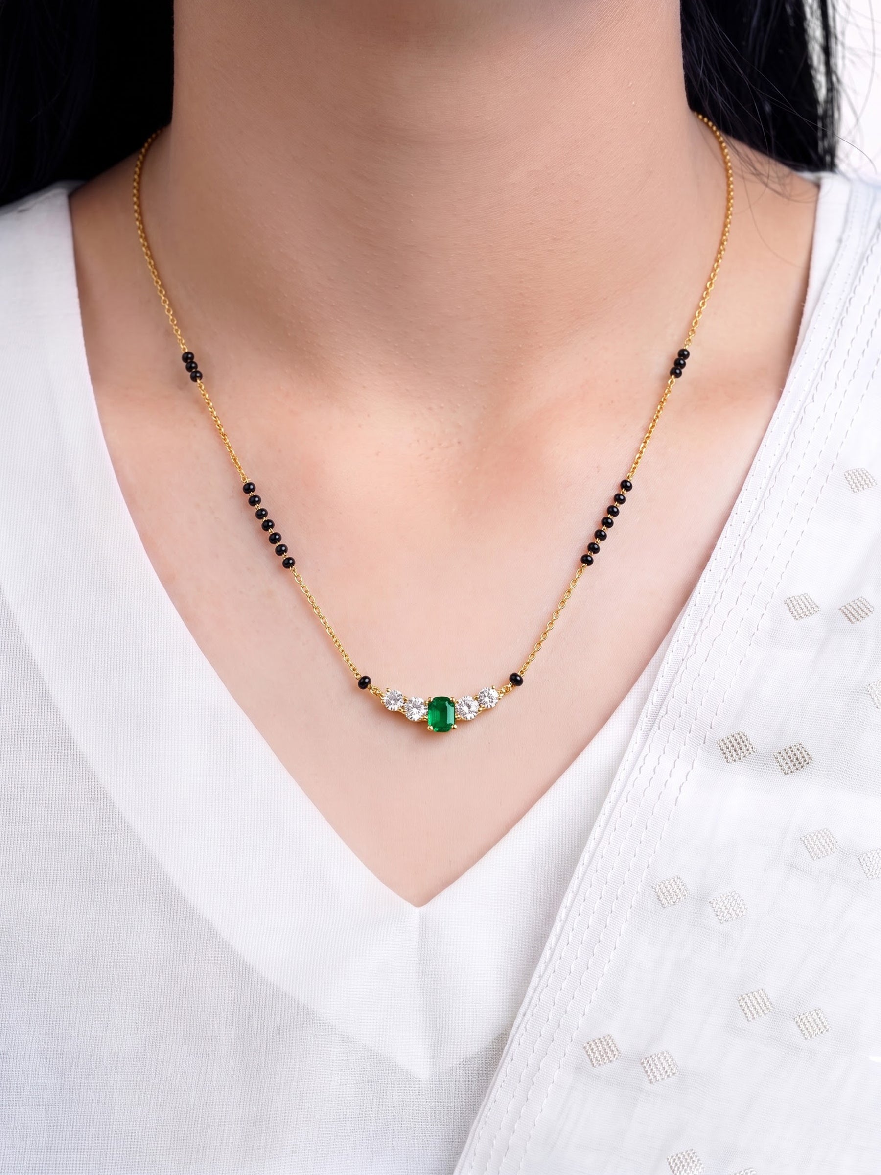 Tarika Emerald Green Stone Diamond Bar 18K Gold Plated Women's Chain Pendant Mangalsutra Necklace