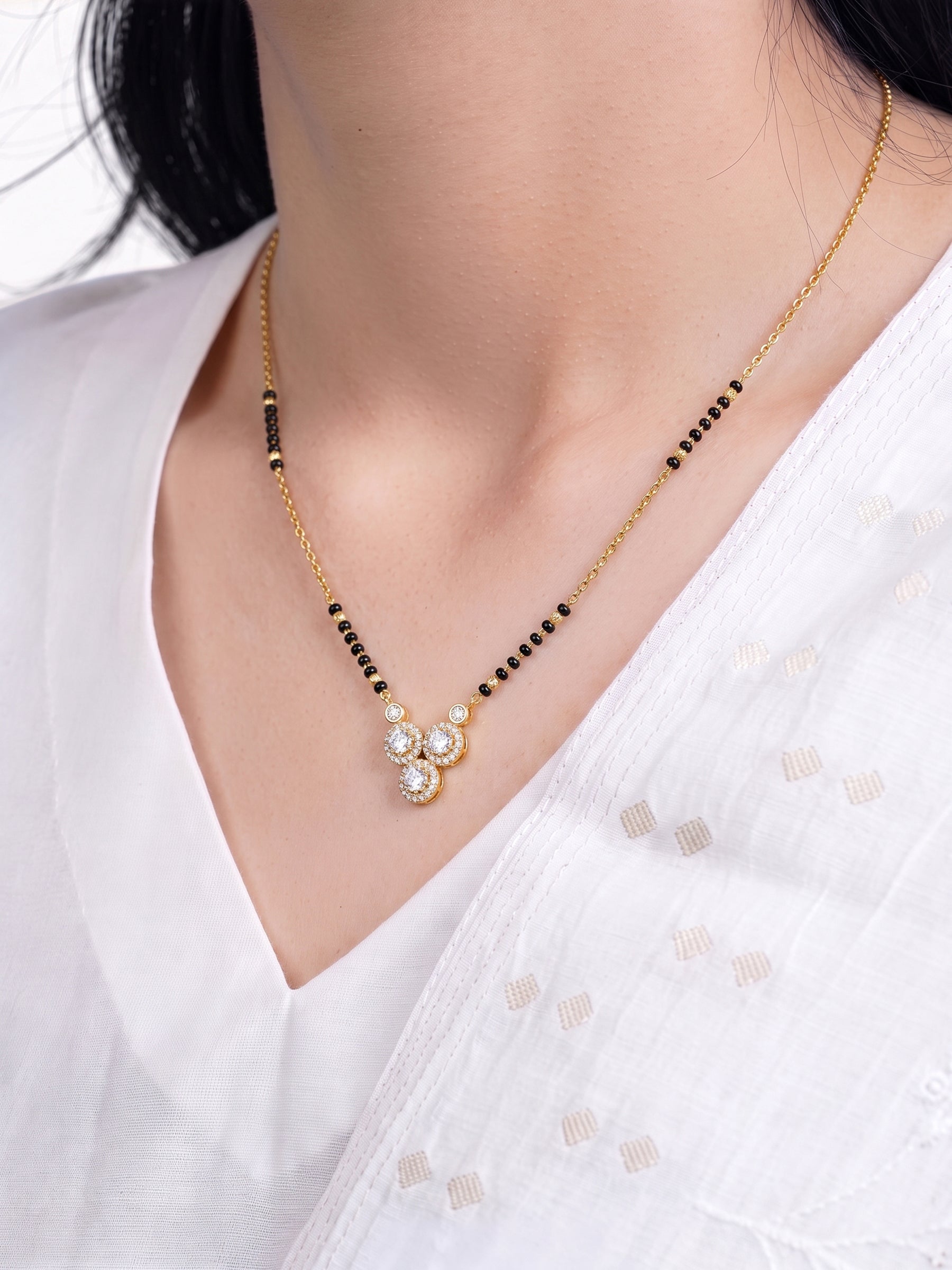 Trinaya Halo Trio Diamond Solitaire 18K Gold Plated  Women's Chain Pendant Mangalsutra Necklace