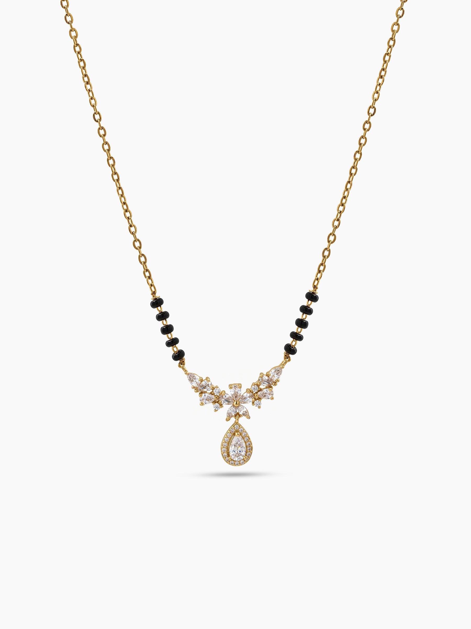 Varmika Bloom TearDrop Diamond Solitaire 18K Gold Plated Women's Chain Pendant Mangalsutra Necklace